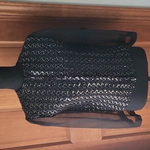 Black sequin jacket with silky ribbon inlay with sheer long sleeves with lace